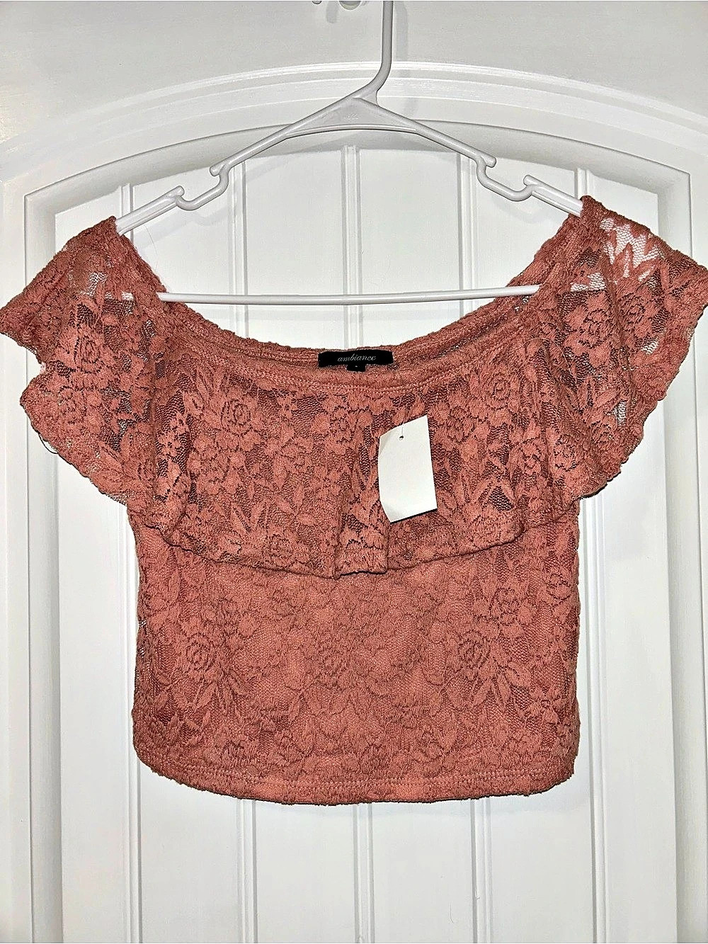 ambiance Off-The-Shoulder Floral Lace Crop Top Pink Small